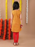 Yellow sleeveless cotton  kurti with Red leggings