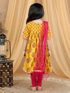 Yellow printed flared style kurti with pink leggings