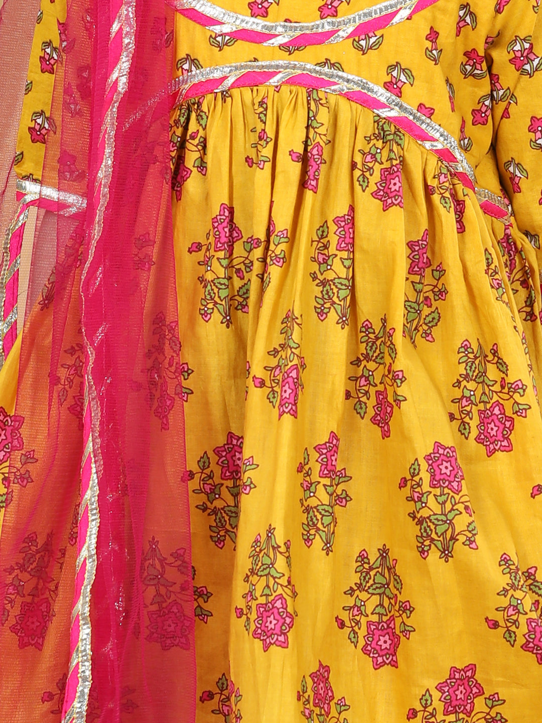 Yellow printed flared style kurti with pink leggings