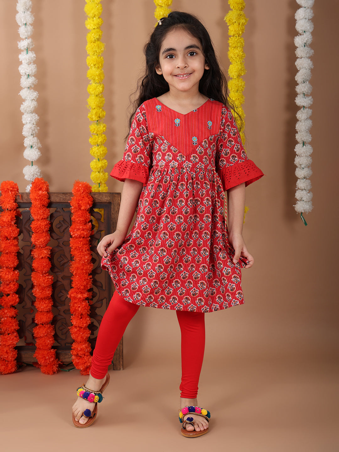 Red 3/4 sleeves embroidered cotton kurti with Red Leggings