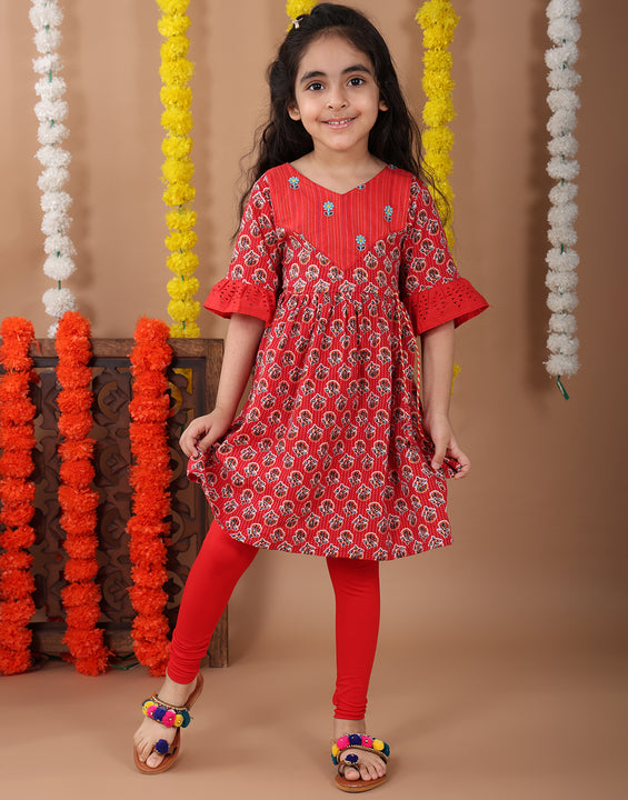 Red 3/4 sleeves embroidered cotton kurti with Red Leggings