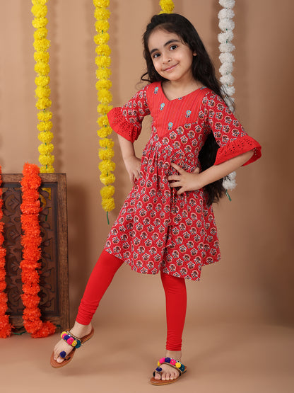 Red 3/4 sleeves embroidered cotton kurti with Red Leggings