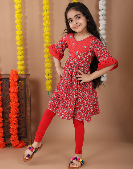 Red 3/4 sleeves embroidered cotton kurti with Red Leggings