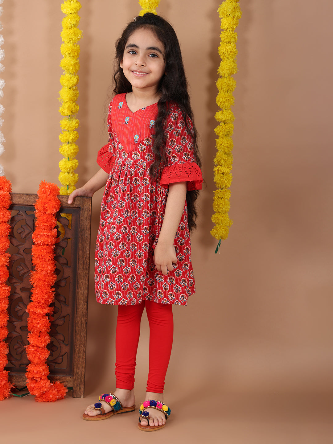 Red 3/4 sleeves embroidered cotton kurti with Red Leggings