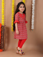 Red 3/4 sleeves embroidered cotton kurti with Red Leggings