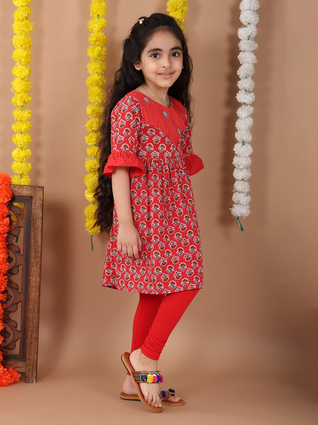 Red 3/4 sleeves embroidered cotton kurti with Red Leggings