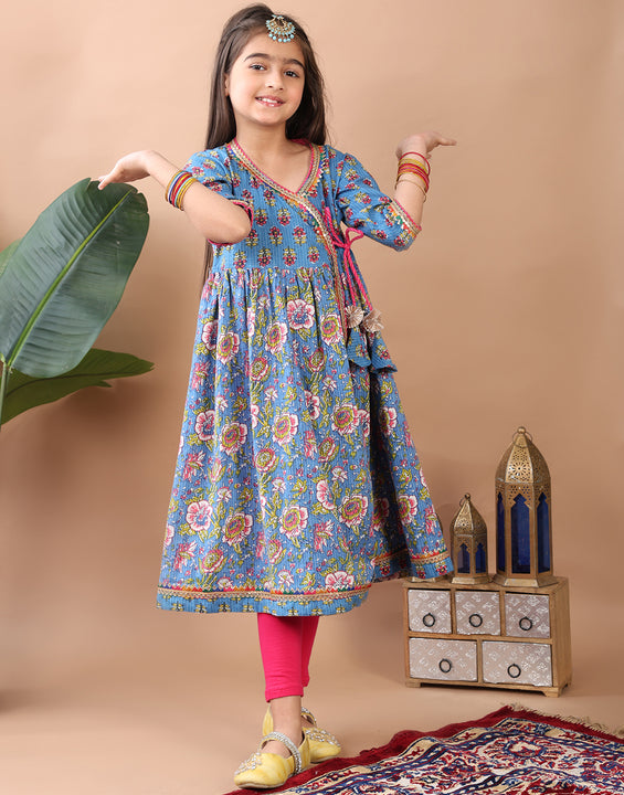 Blue Printed Angrakha Kurti Paired With Leggings