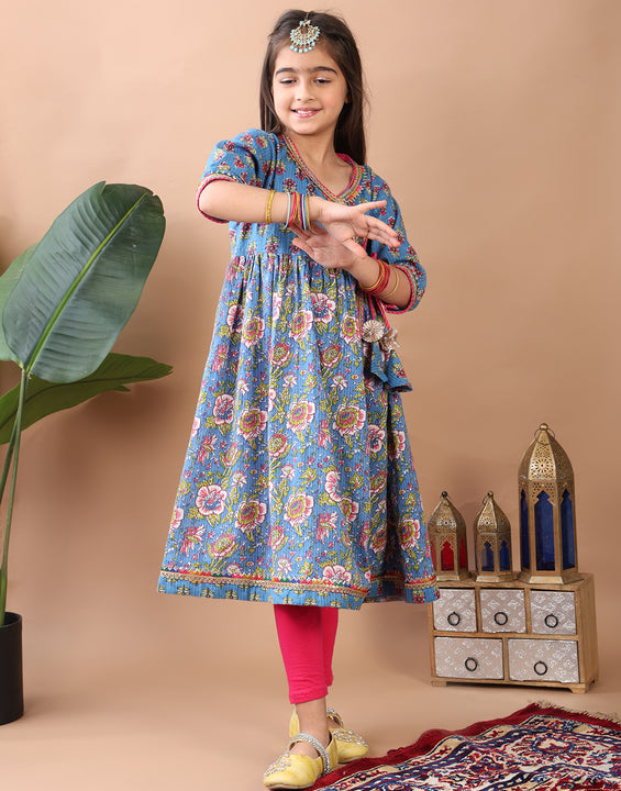 Blue Printed Angrakha Kurti Paired With Leggings