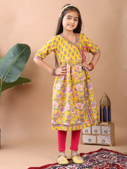 Yellow Printed Angrakha Kurti Paired With Leggings