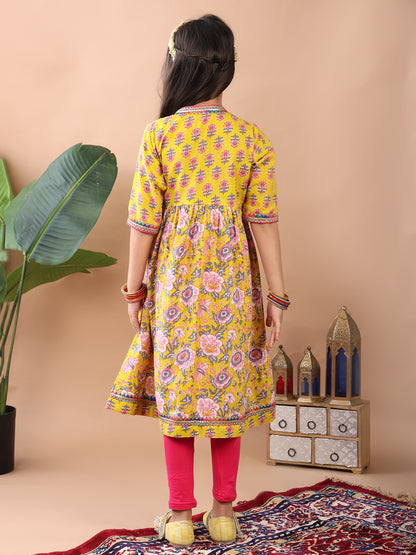 Yellow Printed Angrakha Kurti Paired With Leggings