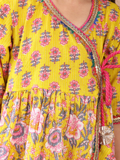 Yellow Printed Angrakha Kurti Paired With Leggings