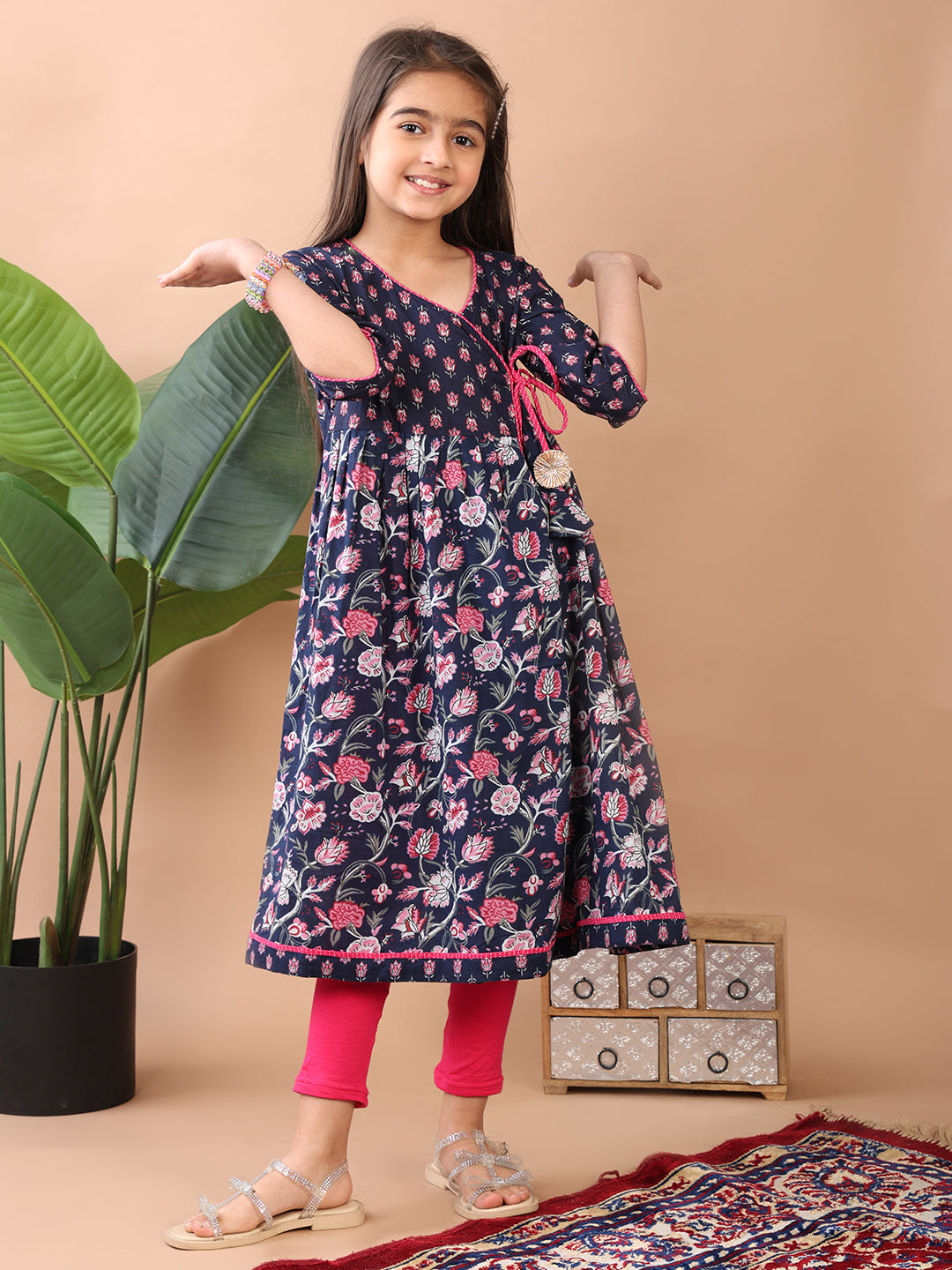 Blue Cotton Printed Angrakha Kurti Paired With Leggings