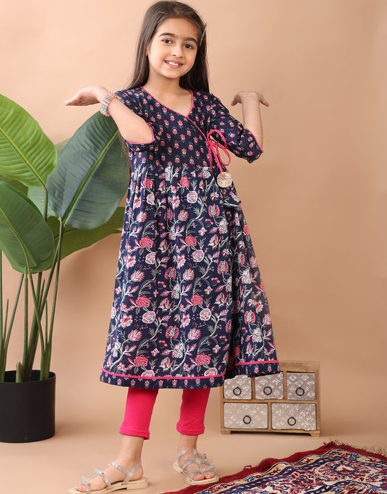 Blue Cotton Printed Angrakha Kurti Paired With Leggings