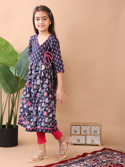 Blue Cotton Printed Angrakha Kurti Paired With Leggings