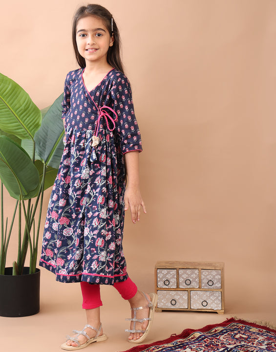 Blue Cotton Printed Angrakha Kurti Paired With Leggings