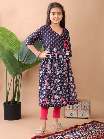 Blue Cotton Printed Angrakha Kurti Paired With Leggings