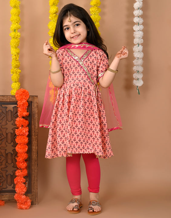 Pink  cotton  kurti with Pink leggings and dupatta