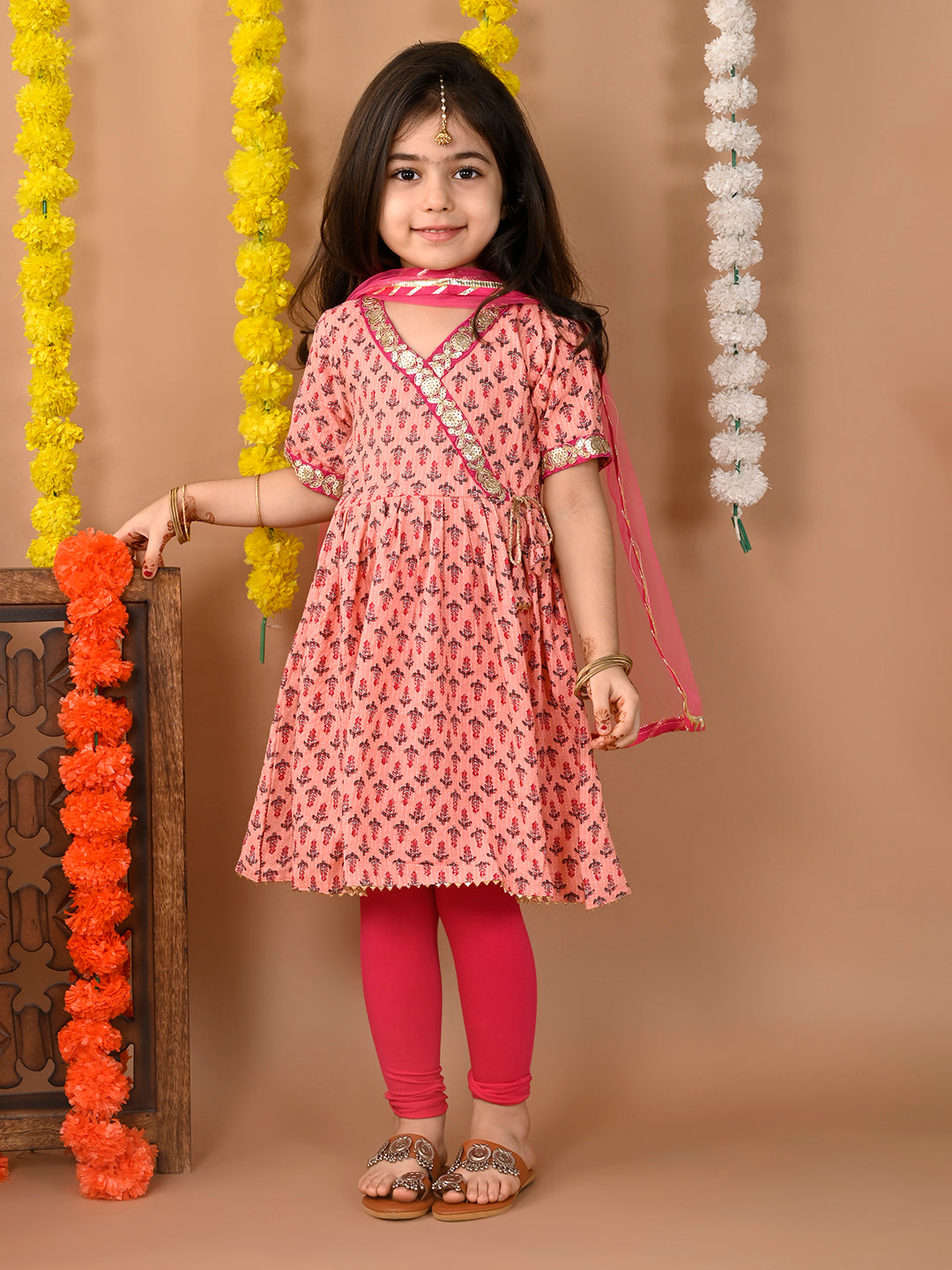 Pink  cotton  kurti with Pink leggings and dupatta