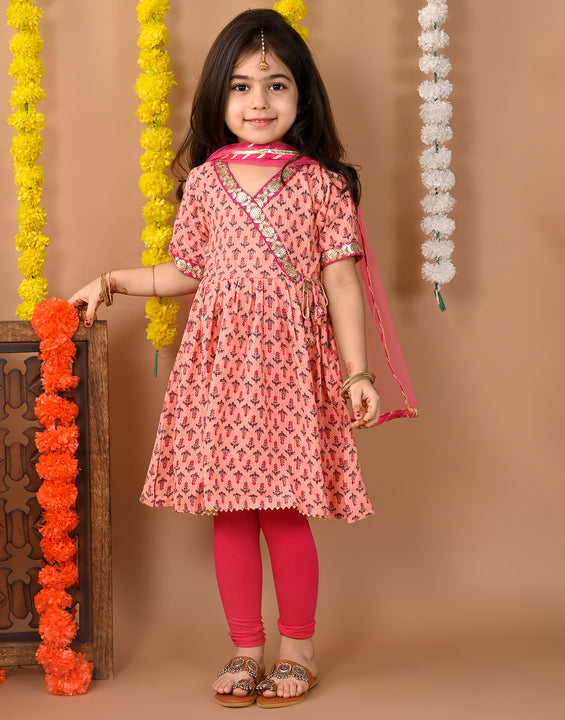 Pink  cotton  kurti with Pink leggings and dupatta