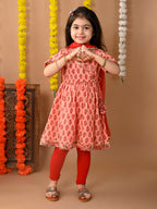 Peach cotton  kurti with Red leggings and dupatta