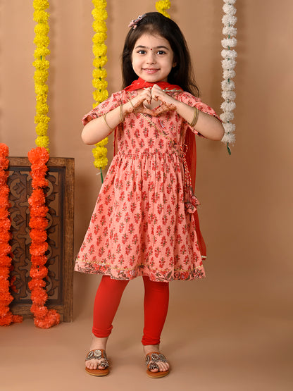 Peach cotton  kurti with Red leggings and dupatta