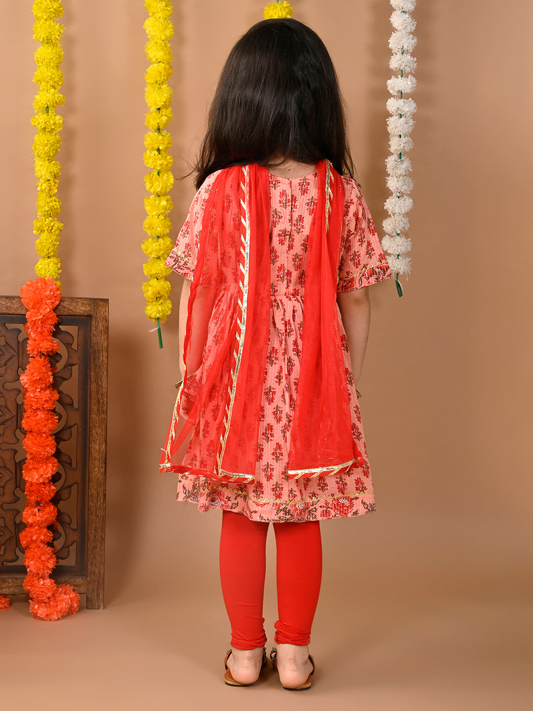 Peach cotton  kurti with Red leggings and dupatta