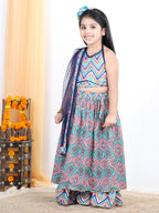 Floral Printed Stripped Bottom Work Skirt & Blouse With Dupatta