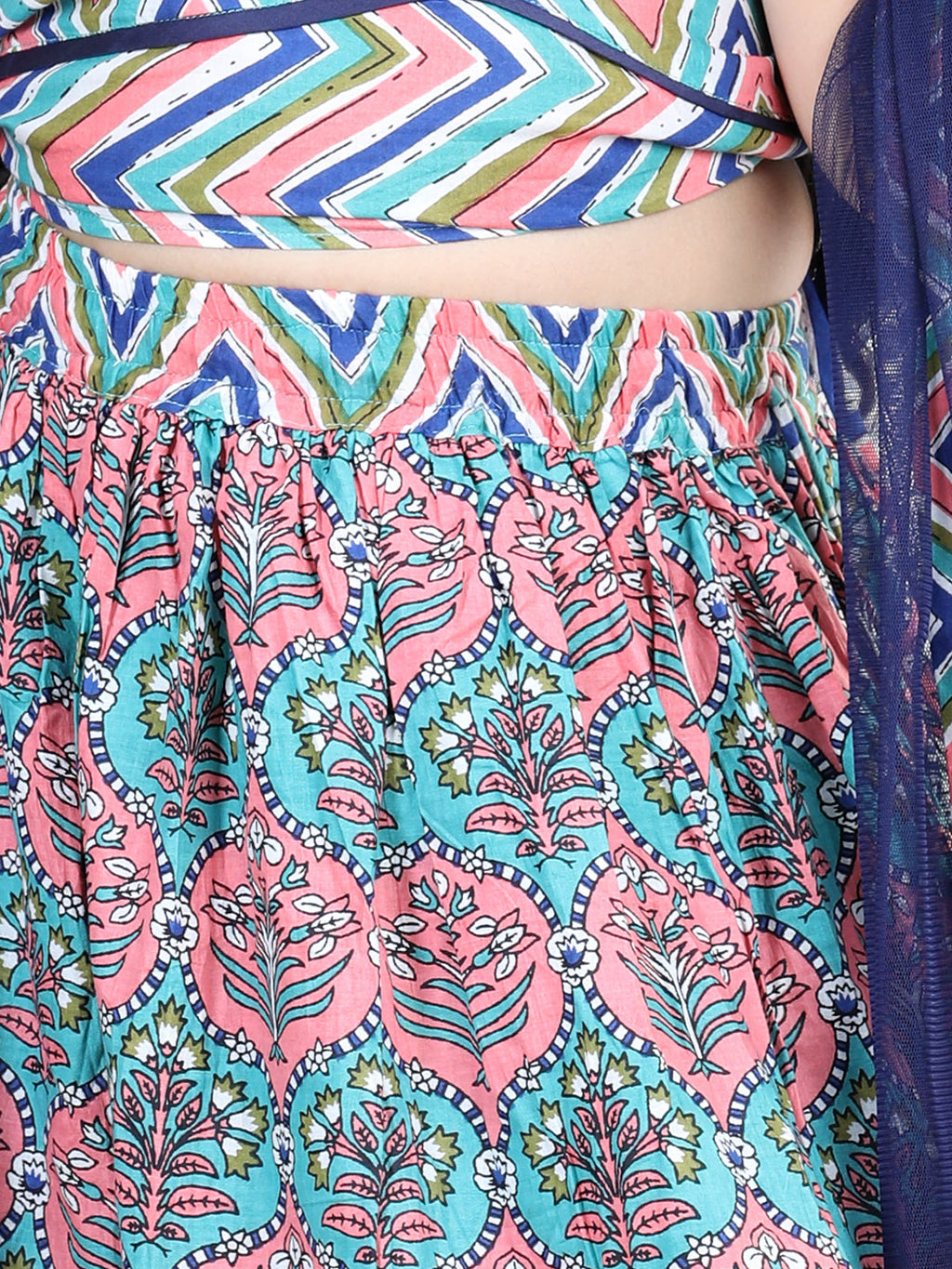 Floral Printed Stripped Bottom Work Skirt & Blouse With Dupatta