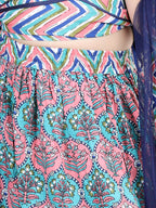 Floral Printed Stripped Bottom Work Skirt & Blouse With Dupatta
