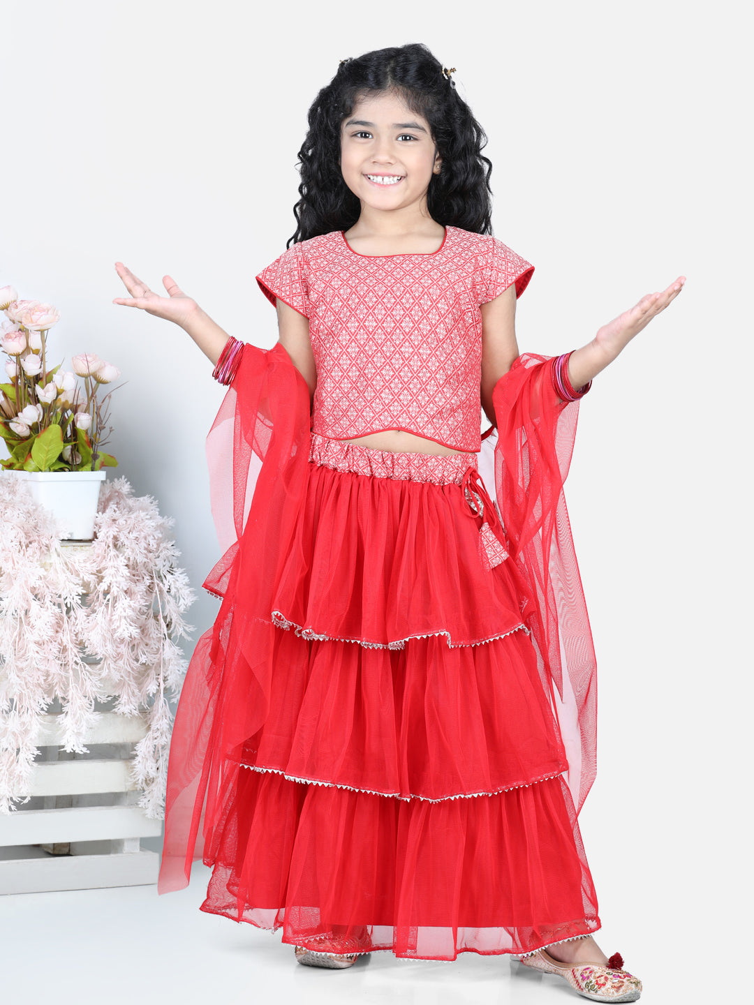Cap Sleeves Frilled Lehenga With Lace Embroidered Top & Dupatta