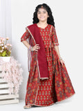 Red motif printed lace embellished top with lehenga and dupatta
