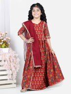 Red motif printed lace embellished top with lehenga and dupatta