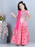 Pink Roses Printed Top With Lehenga And Dupatta