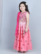 Pink Roses Printed Top With Lehenga And Dupatta