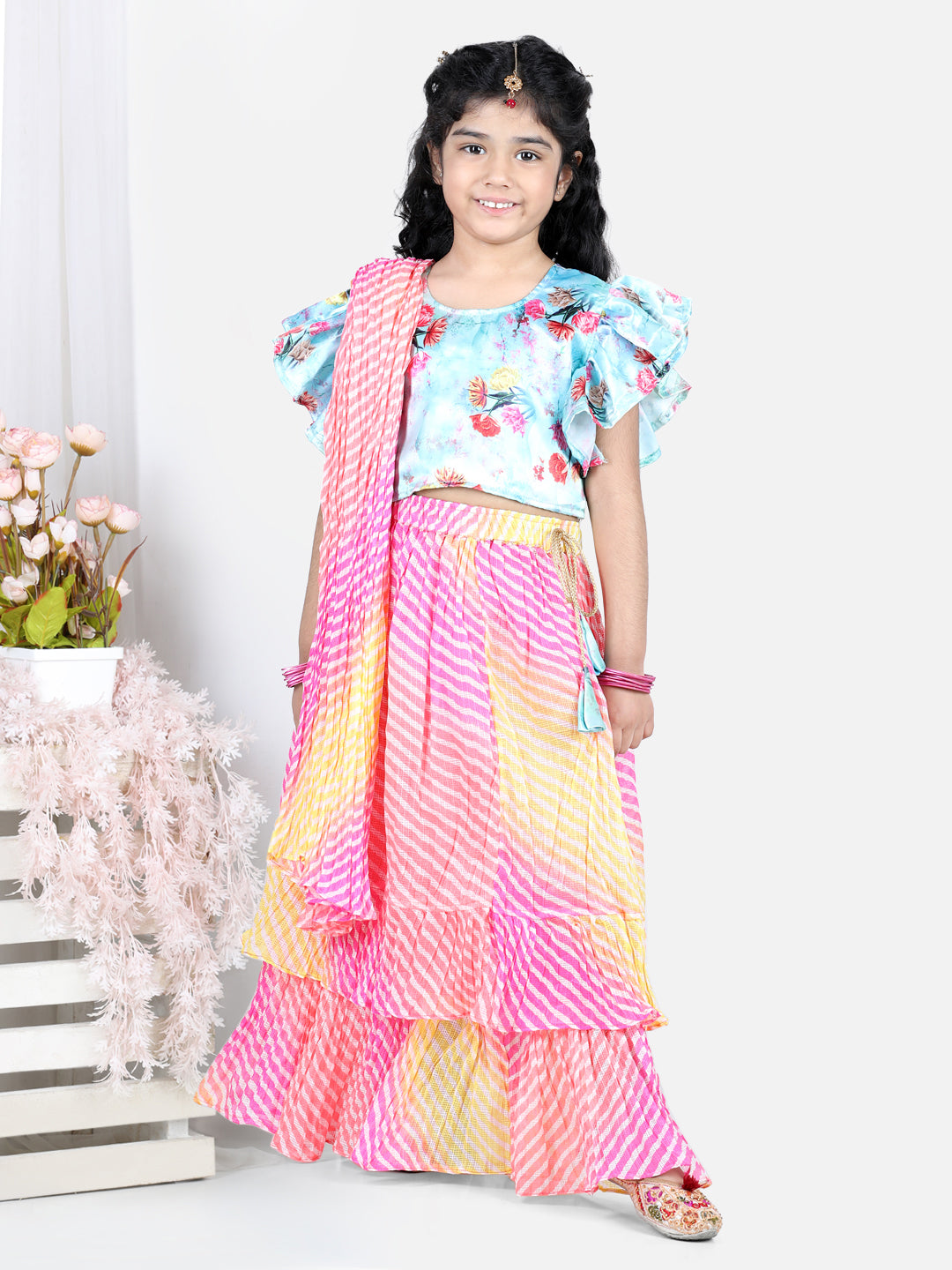 Half Flutter Sleeves Seamless Floral Printed Choli With Layered Leheriya Lehenga