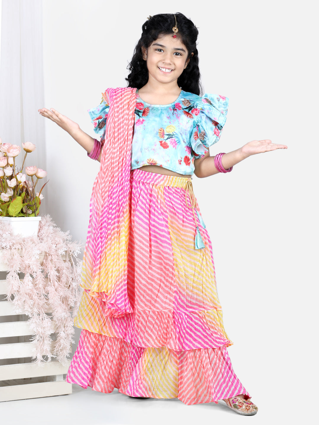 Half Flutter Sleeves Seamless Floral Printed Choli With Layered Leheriya Lehenga