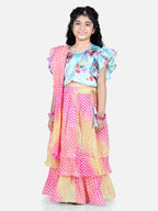 Half Flutter Sleeves Seamless Floral Printed Choli With Layered Leheriya Lehenga