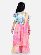 Half Flutter Sleeves Seamless Floral Printed Choli With Layered Leheriya Lehenga