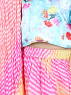 Half Flutter Sleeves Seamless Floral Printed Choli With Layered Leheriya Lehenga