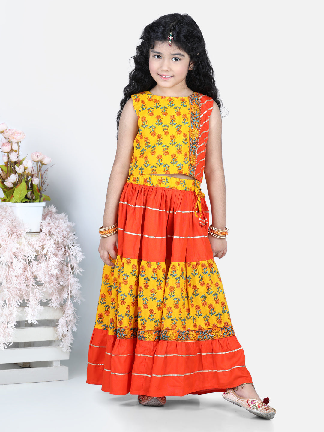 Yellow Rose Motif Printed Leheriya Lace Detail Lehenga Choli Set