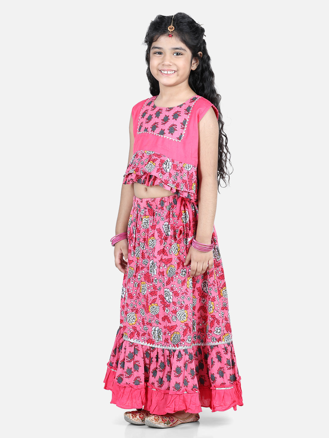 Pink Floral Printed Peplum Choli With Printed Layered Lehenga