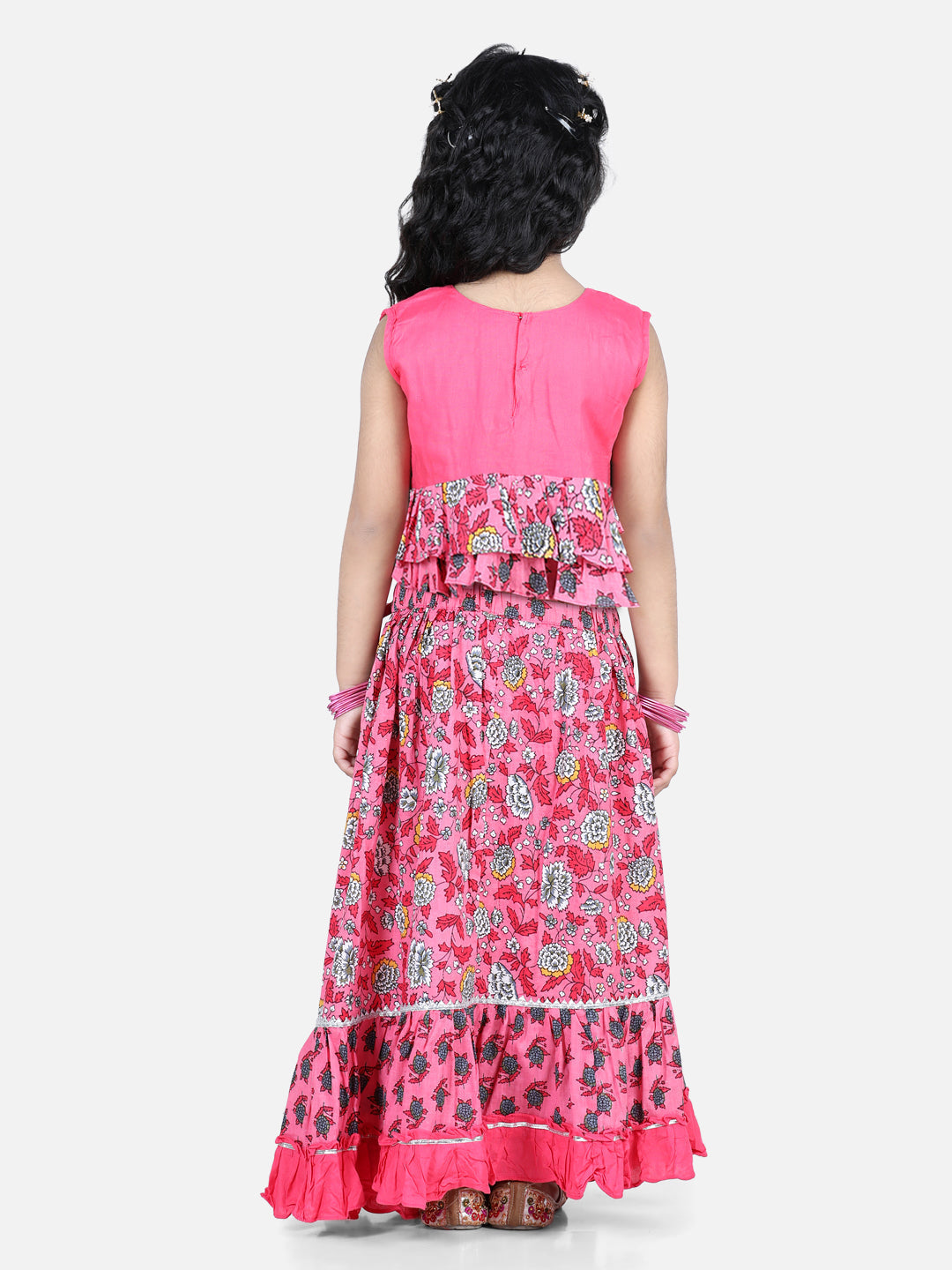 Pink Floral Printed Peplum Choli With Printed Layered Lehenga