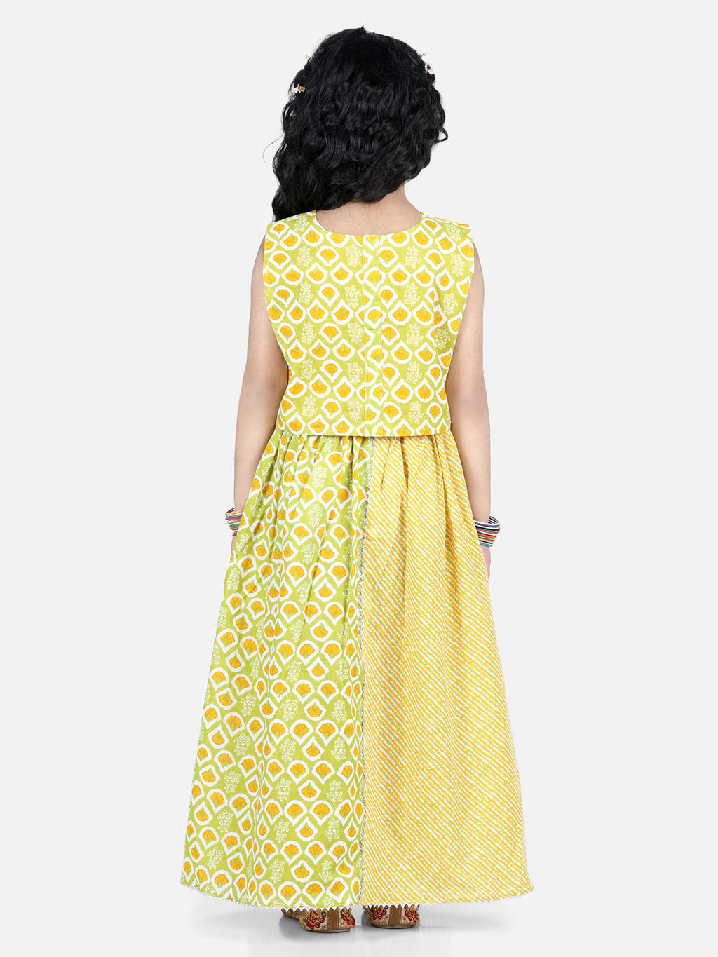 Yellow Printed top With Lace Embellished Leheriya Lehenga
