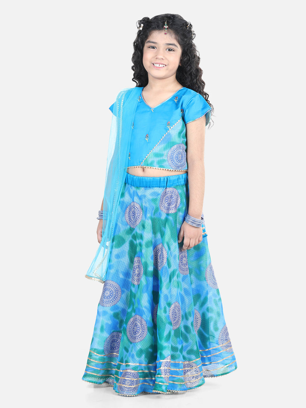 Blue Embroidered Top with kota printed lehenga and Dupatta