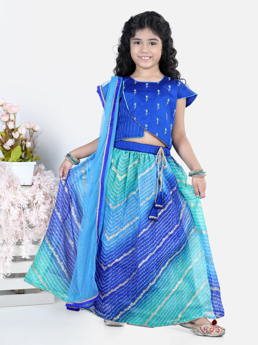 Cap Sleeves Embroidered Top Lehriya Kota Lehenga  And Dupatta