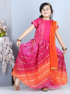 Flower Embroidery Choli & Bandhani Print Lehenga With Dupatta