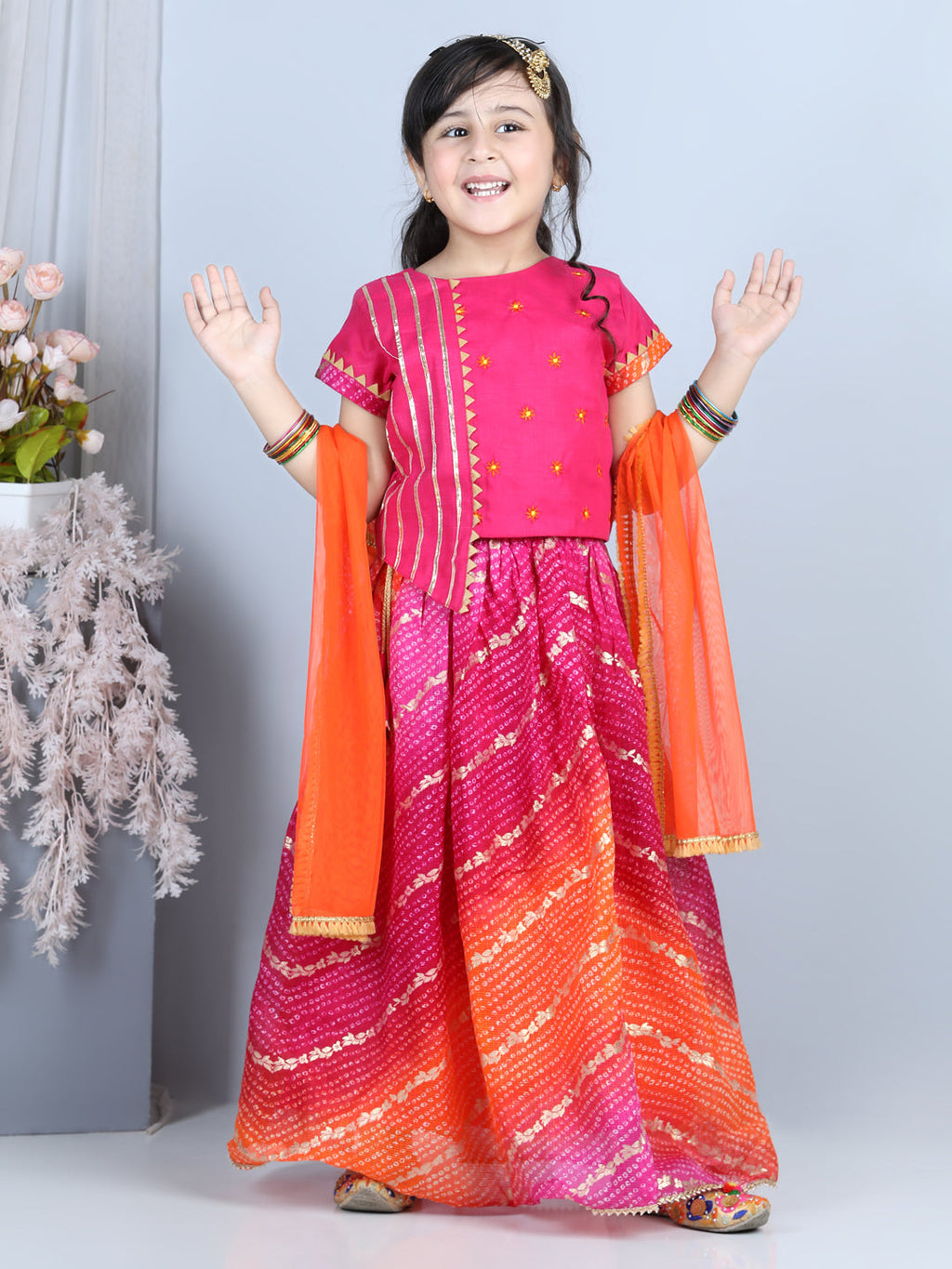 Flower Embroidery Choli & Bandhani Print Lehenga With Dupatta