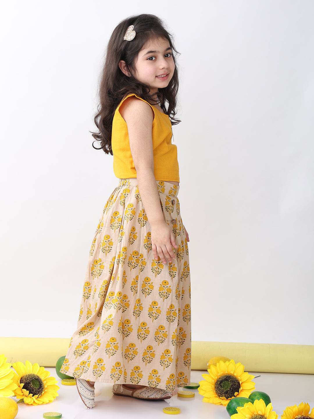 Yellow Floral printed Lehenga with yellow plain top and hanging