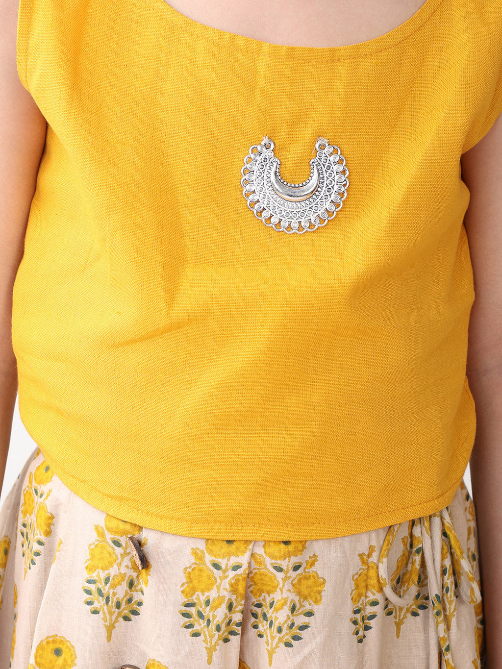 Yellow Floral printed Lehenga with yellow plain top and hanging