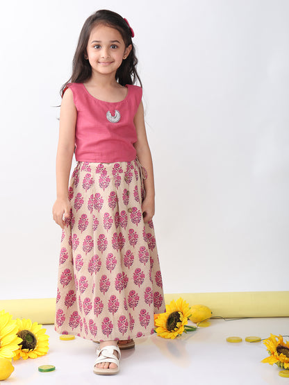 Pink Floral printed Lehenga with pink plain top and hanging